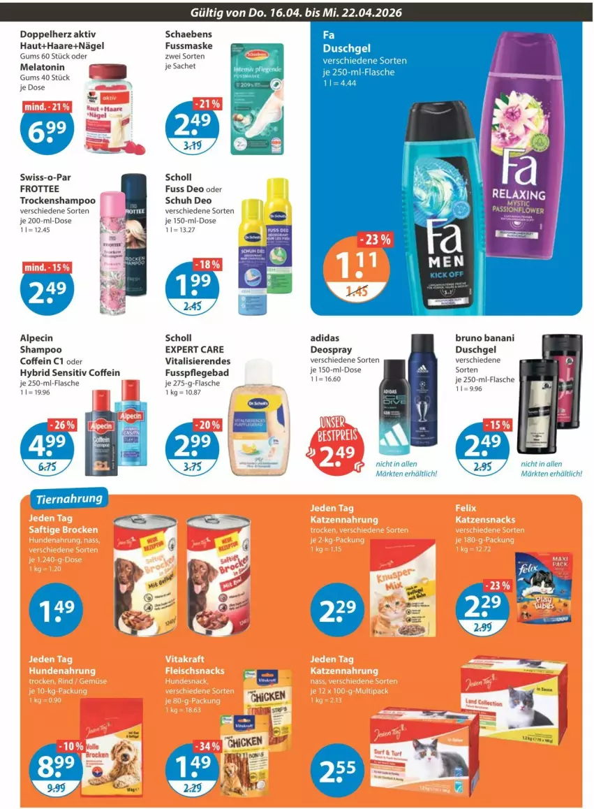 Aktueller Prospekt Vmarkt - Prospekte - von 16.04 bis 22.04.2026 - strona 15 - produkty: Adidas, alpecin, Bad, bruno banani, cin, coffein, deo, deospray, doppelherz, duschgel, flasche, Maske, sac, Schaebens, scholl, shampoo, Swiss-o-Par, tee, Ti, Trockenshampoo, vita, vitalis