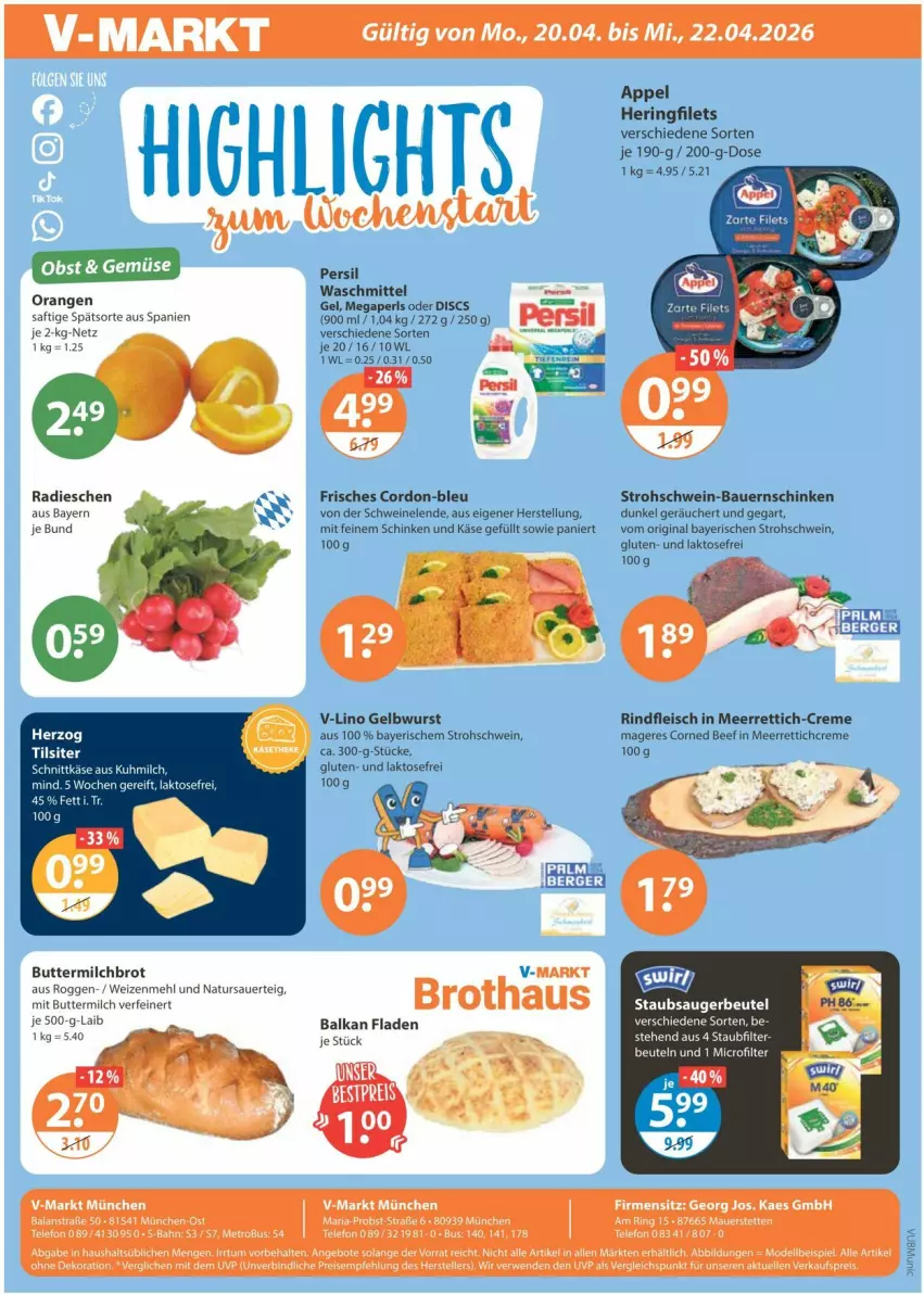 Aktueller Prospekt Vmarkt - Prospekte - von 16.04 bis 22.04.2026 - strona 25 - produkty: angebot, angebote, auer, Bau, Bauer, Bauernschinken, beef, beutel, brot, butter, buttermilch, corned beef, creme, dekoration, dell, eis, elle, filet, filets, fleisch, gin, hering, kaes, Käse, meerrettich, megaperls, mehl, Metro, milch, Mode, natur, obst, orange, orangen, persil, persil waschmittel, radieschen, reis, Rettich, Ria, rind, rindfleisch, ring, rwe, saft, schinken, schnittkäse, schwein, schweine, staubsauger, staubsaugerbeutel, telefon, teller, Ti, waschmittel, wein, weine, weizenmehl, wurst