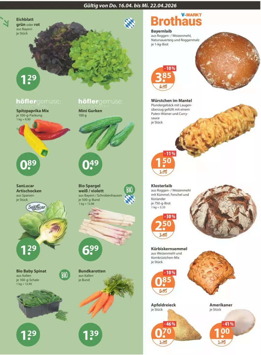 Aktueller Prospekt Vmarkt - Prospekte - von 16.04 bis 22.04.2026 - strona 5 - produkty: apfel, Artischocken, auer, bio, brot, curry, fenchel, gurke, gurken, je 1-kg-brot, je 750-g-brot, karotten, Koriander, korn, Kürbis, malz, Mantel, mehl, natur, ndk, paprika, paprika mix, Plunder, pute, Ria, sauce, Schal, Schale, Semmel, spargel, spinat, Spitzpaprika, Ti, tisch, weizenmehl, wiener, würstchen
