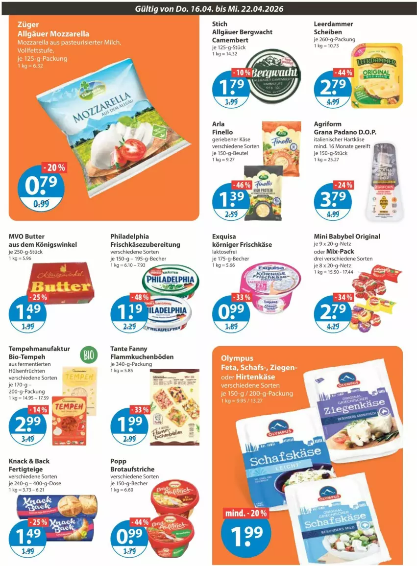 Aktueller Prospekt Vmarkt - Prospekte - von 16.04 bis 22.04.2026 - strona 6 - produkty: arla, aufstrich, babybel, Becher, beutel, bio, brot, brotaufstrich, brotaufstriche, butter, camembert, exquisa, Faktu, finello, flammkuchen, frischkäse, früchte, früchten, gin, grana, grana padano, hartkäse, hülsenfrüchte, italienischer hartkäse, Käse, kuchen, lamm, leerdammer, LG, mini babybel, padano, philadelphia, Popp, Rana, senf, tante fanny, Ti