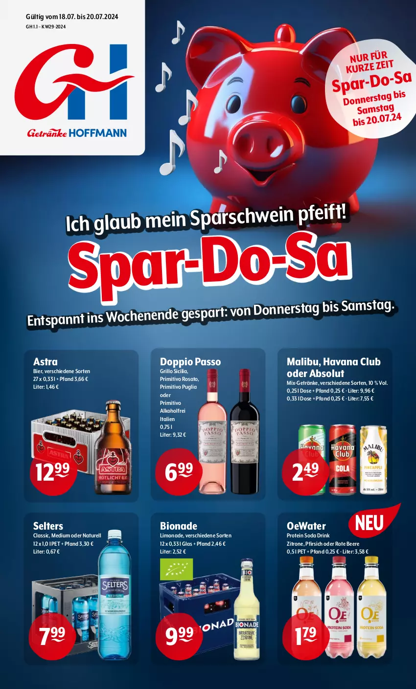 Aktueller Prospekt Getraenke Hoffmann - Prospekte - von 18.07 bis 20.07.2024 - strona 1 - produkty: alkohol, Astra, beere, bier, bio, bionade, doppio passo, drink, getränk, getränke, grill, grillo, Havana Club, limo, limonade, Malibu, natur, passo, pfirsich, primitivo, rel, rosato, Selters, Soda, Ti, zitrone