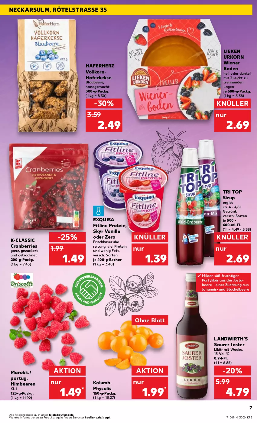 Aktueller Prospekt Kaufland - Extra-Angebote - von 04.04 bis 10.04.2024 - strona 7 - produkty: angebot, angebote, Becher, beere, beeren, Blaubeer, blaubeere, cranberries, exquisa, fitline, frischkäse, frischkäsezubereitung, frucht, getränk, hafer, himbeer, himbeere, himbeeren, Käse, keks, kekse, korn, lieken, likör, mac, Physalis, sirup, Skyr, Ti, urkorn, vanille, wiener, wiener boden, wodka, zucker