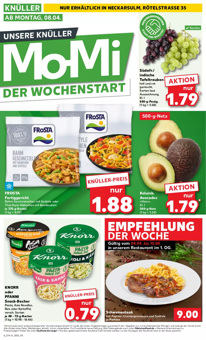 Aktueller Prospekt Kaufland - Extra-Angebote - von 04.04 bis 10.04.2024 - strona 8 - produkty: angebot, angebote, avocado, avocados, Becher, beutel, champignon, champignons, eis, erde, fertiggericht, frosta, geschnetzeltes, kartoffel, knorr, mit paprika, Nestea, nudel, nudeln, paprika, pasta, pfanni, reis, sauce, schwein, schweine, snack, steak, tafeltrauben, Ti, trauben, wein, weine, Zelt, ZTE