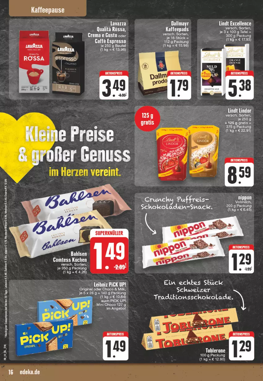 Aktueller Prospekt Edeka - Angebote der Woche - von 25.09 bis 30.09.2023 - strona 16 - produkty: aktionspreis, angebot, bahlsen, comtess, comtess kuchen, dallmayr, deka, eis, gin, kaffee, kaffeepads, kuchen, lavazza, nuss, orange, Pick Up!, reis, rel, schoko, schokolade, Ti, Tiere, toblerone