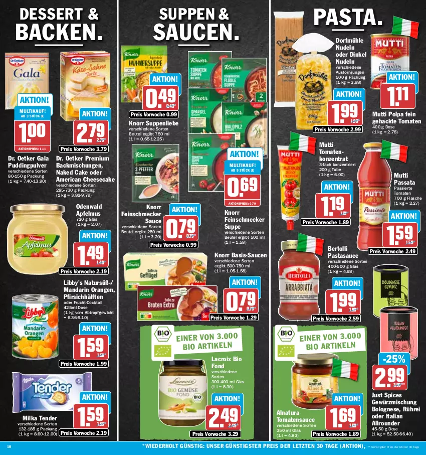 Aktueller Prospekt Hit - Prospekte - von 20.03 bis 25.03.2023 - strona 10 - produkty: aktionspreis, apfel, apfelmus, backmischung, Backmischungen, bertolli, beutel, bio, bolognese, cheesecake, cocktail, dessert, Dr. Oetker, eis, feinschmecker, flasche, frucht, gewürz, Gewürzmischung, knorr, milka, Mutti, natur, natura, nudel, nudeln, odenwald, orange, orangen, pasta, pfirsich, pudding, reis, sauce, saucen, suppe, suppen, suppenliebe, tender, Ti, tomate, tomaten, tomatensauce, ZTE