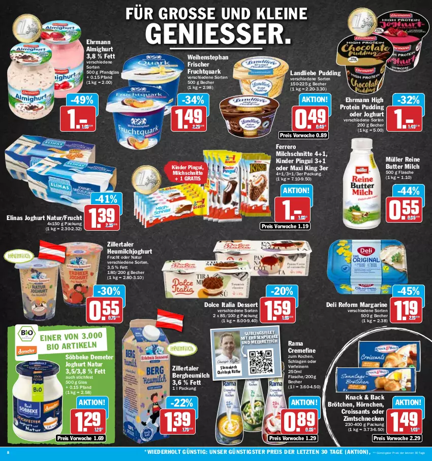 Aktueller Prospekt Hit - Prospekte - von 20.03 bis 25.03.2023 - strona 8 - produkty: almighur, almighurt, Becher, brötchen, butter, creme, Croissant, croissants, deli reform, dessert, ehrmann, ehrmann almighurt, eis, elinas, elinas joghurt, erbsen, ferrero, filet, flasche, frucht, Fruchtquark, Heu, heumilch, hörnchen, joghur, joghurt, Kinder, kinder pingui, landliebe, leine, margarine, meerrettich, milch, Milchschnitte, Müller, natur, pingui, pudding, quark, rama, rama cremefine, reis, Rettich, Saibling, söbbeke, Ti, weihenstephan, ZTE