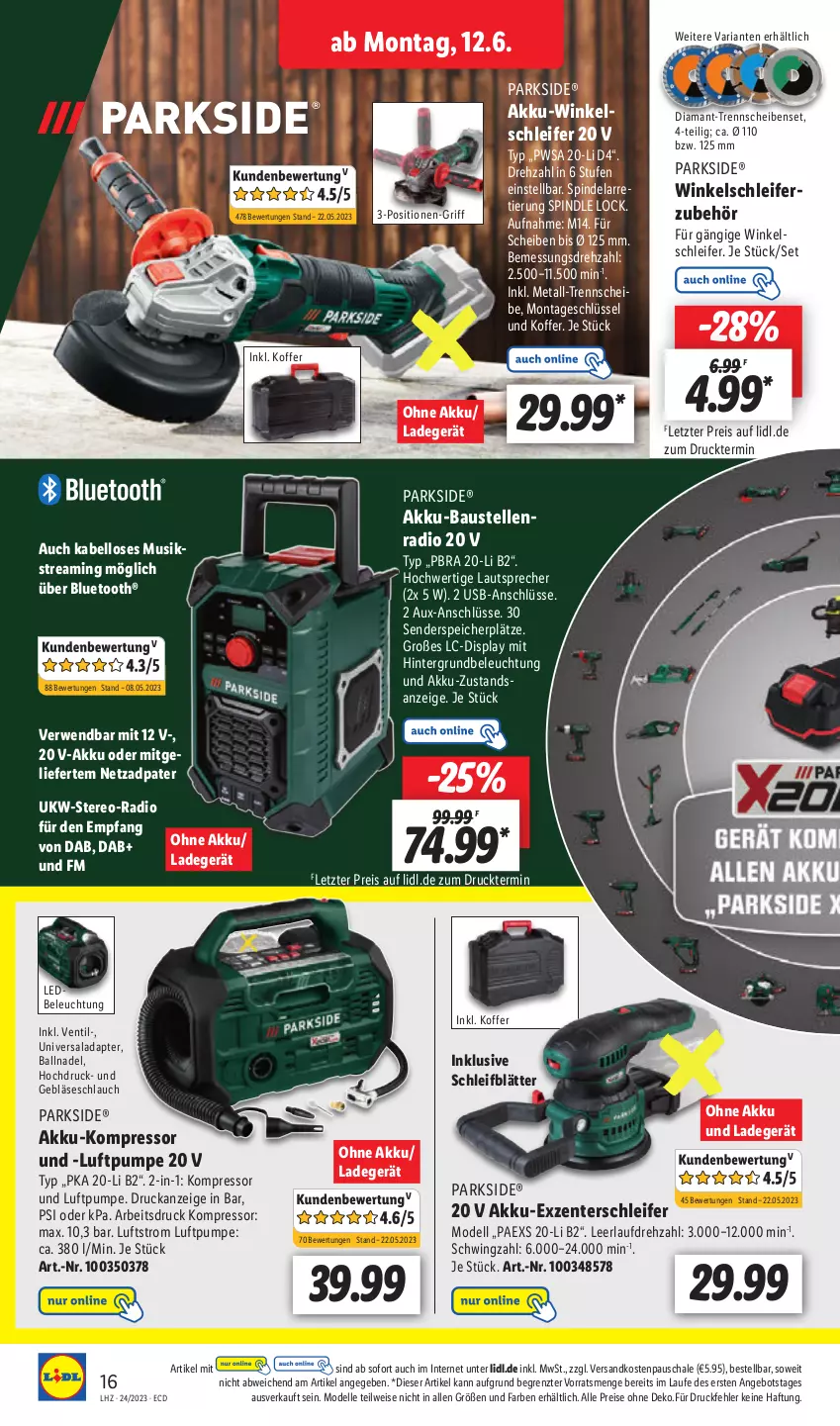 Aktueller Prospekt Lidl - Aktionsprospekt - von 12.06 bis 17.06.2023 - strona 18 - produkty: adapter, akku, Akku-Exzenterschleifer, Akku-Winkelschleifer, angebot, aust, ball, Bau, beleuchtung, dell, eis, elle, enders, ente, koffer, kompressor, ladegerät, lautsprecher, Mode, ndk, ohne akku und ladegerät, Parkside, Radio, reis, Ria, rwe, Schal, Schale, schlauch, Ti, usb, Winkelschleifer, ZTE