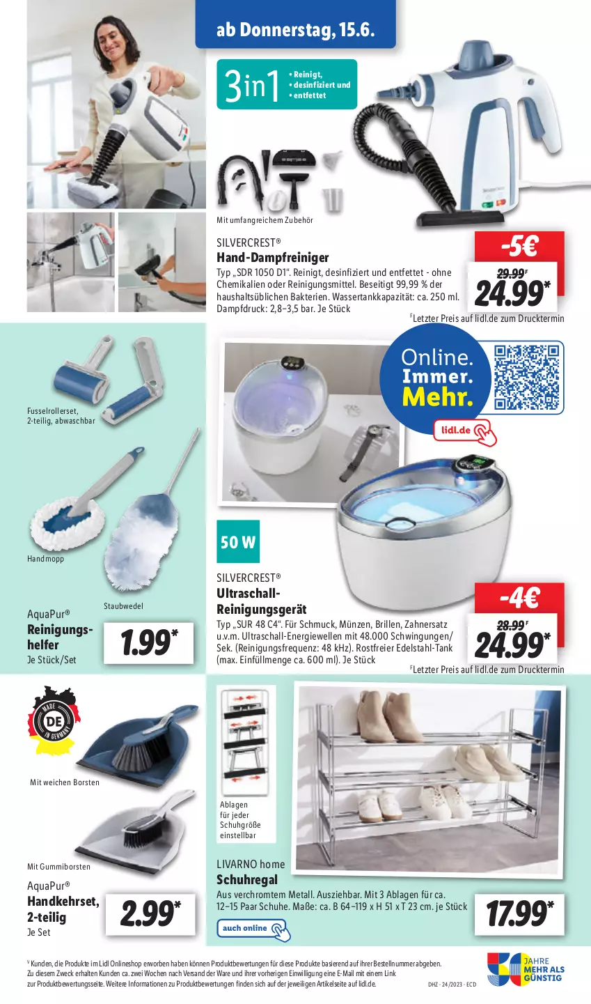 Aktueller Prospekt Lidl - Aktionsprospekt - von 12.06 bis 17.06.2023 - strona 29 - produkty: aqua, AquaPur, Brille, dampfreiniger, edelstahl, eier, eis, elle, ndk, paar schuhe, regal, reiniger, Reinigung, Reinigungsmittel, reis, Roller, Schal, Schmuck, schuhe, schuhregal, silvercrest, staubwedel, Ti, uhr, wasser, wassertank, weck, wedel, ZTE