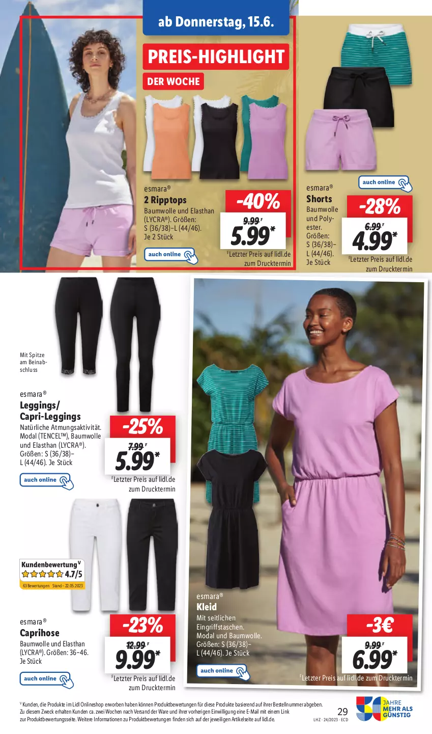 Aktueller Prospekt Lidl - Aktionsprospekt - von 12.06 bis 17.06.2023 - strona 37 - produkty: Bau, baumwolle, Cap, caprihose, eis, esmara, gin, hose, kleid, leggings, reis, shorts, Tasche, taschen, Ti, weck, wolle, ZTE