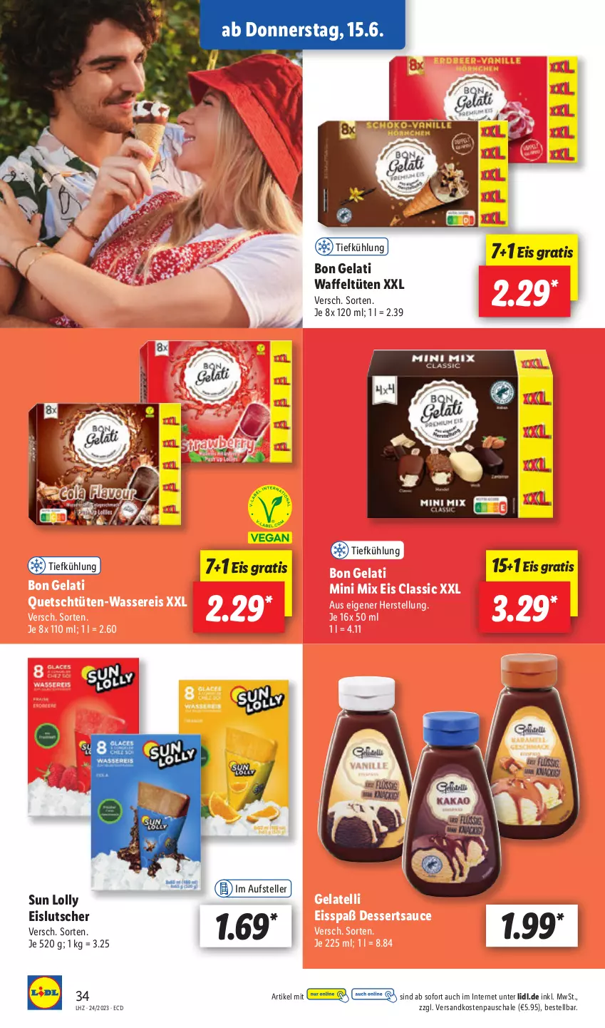 Aktueller Prospekt Lidl - Aktionsprospekt - von 12.06 bis 17.06.2023 - strona 42 - produkty: Bon Gelati, dessert, desserts, dessertsauce, eis, elle, Gelatelli, Lutscher, ndk, reis, sauce, Schal, Schale, teller, Ti, Tüte, wasser, wassereis