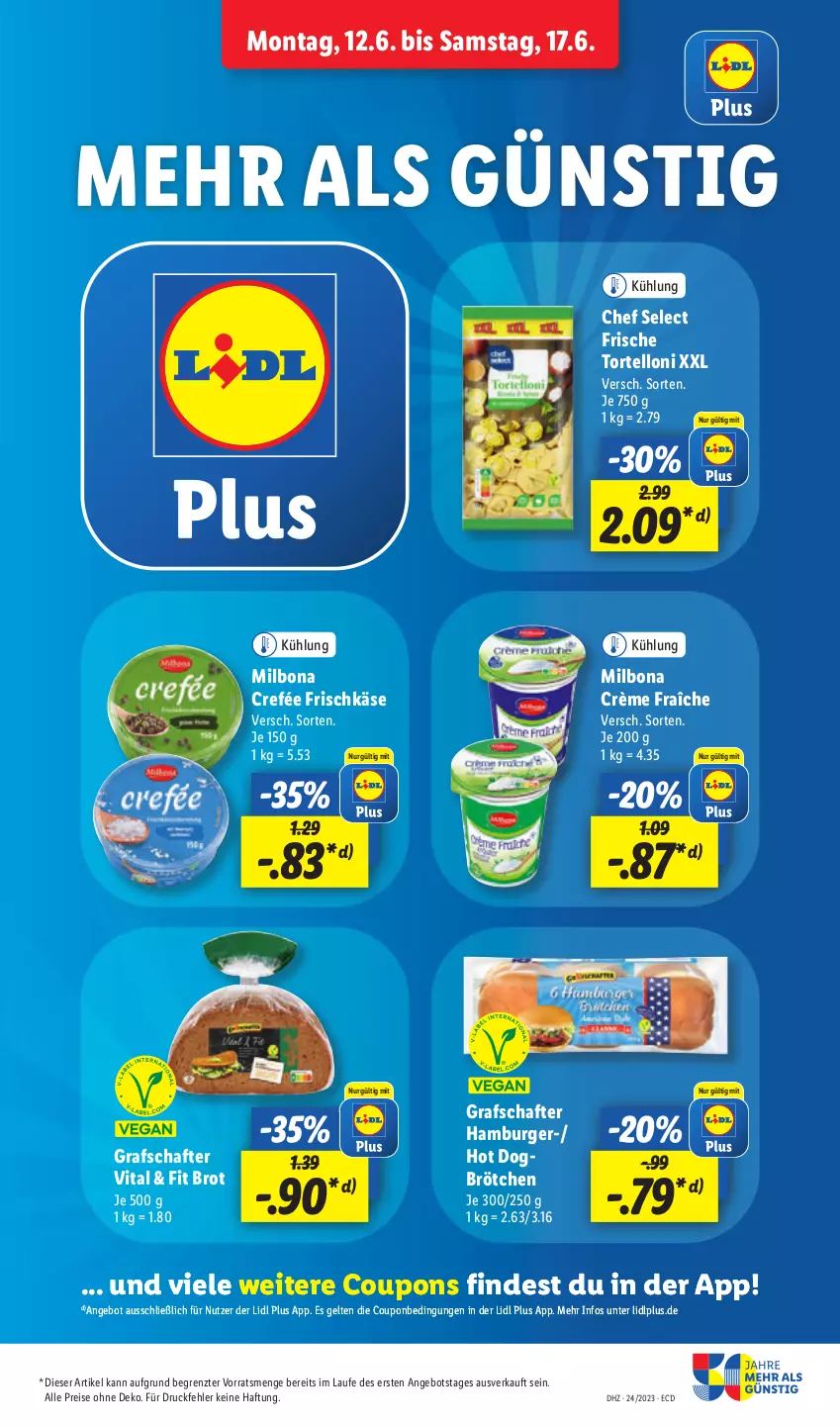 Aktueller Prospekt Lidl - Aktionsprospekt - von 12.06 bis 17.06.2023 - strona 5 - produkty: angebot, Bona, brot, brötchen, burger, coupon, coupons, crème fraîche, eis, frischkäse, grafschafter, hamburger, hot dog, Käse, Milbona, reis, Ti, torte, tortelloni, vita, ZTE