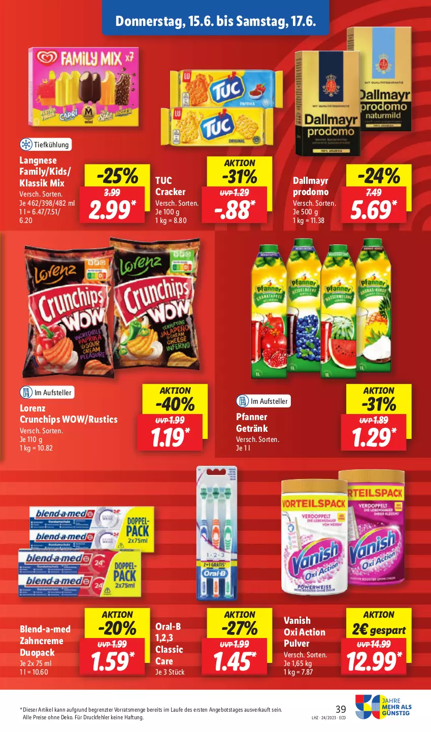 Aktueller Prospekt Lidl - Aktionsprospekt - von 12.06 bis 17.06.2023 - strona 51 - produkty: angebot, blend-a-med, chips, cracker, creme, crunchips, dallmayr, dallmayr prodomo, eis, elle, getränk, langnese, lorenz, lorenz crunchips, oral-b, oxi action, pfanne, Pfanner, prodomo, reis, teller, Ti, tuc, vanish, vanish oxi action, zahncreme, ZTE