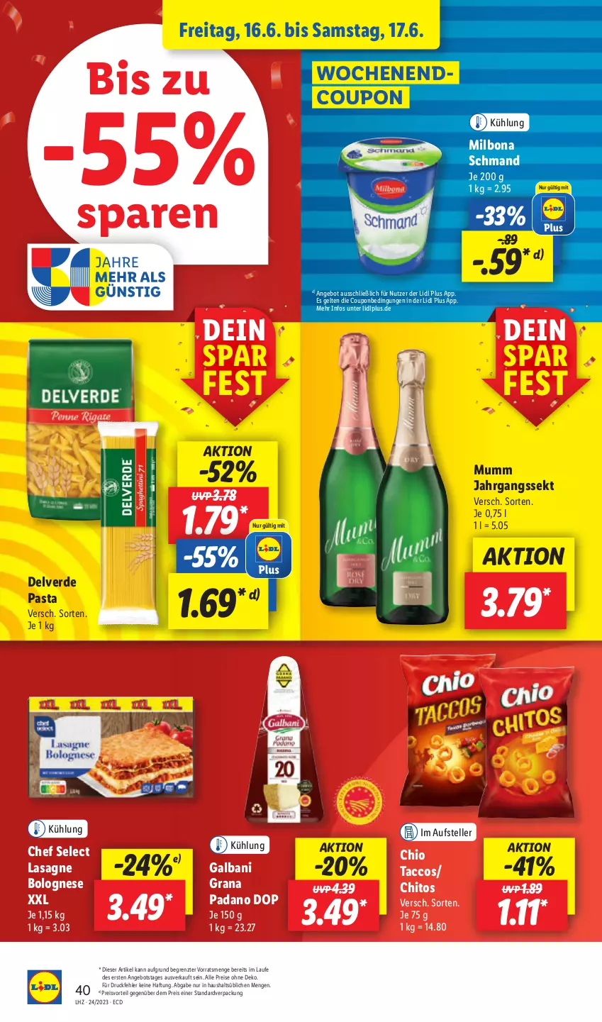 Aktueller Prospekt Lidl - Aktionsprospekt - von 12.06 bis 17.06.2023 - strona 52 - produkty: ACC, angebot, bolognese, Bona, coupon, drucker, eis, elle, Engel, erde, galbani, grana, grana padano, jahrgangssekt, kerze, lasagne, Milbona, mumm, padano, papier, pasta, preisvorteil, Rana, reis, schmand, sekt, teller, Ti, ZTE