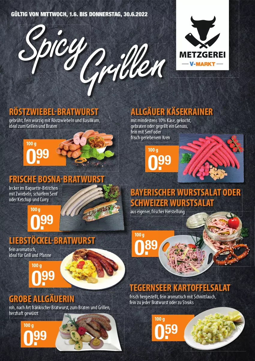 Aktueller Prospekt Vmarkt - Metzgerei - von 01.06 bis 30.06.2022 - strona 2 - produkty: baguette, basilikum, braten, bratwurst, brötchen, curry, für grill und pfanne, gewürz, grill, grill und pfanne, ideal für grill, ideal für grill und pfanne, ideal zum grillen, kartoffel, kartoffelsalat, Käse, Käsekrainer, ketchup, LG, mit röstzwiebeln, mit zwiebeln, nuss, pfanne, röstzwiebeln, salat, schnittlauch, senf, steak, steaks, Tegernseer, Ti, tisch, und pfanne, wurst, zwiebel, zwiebeln