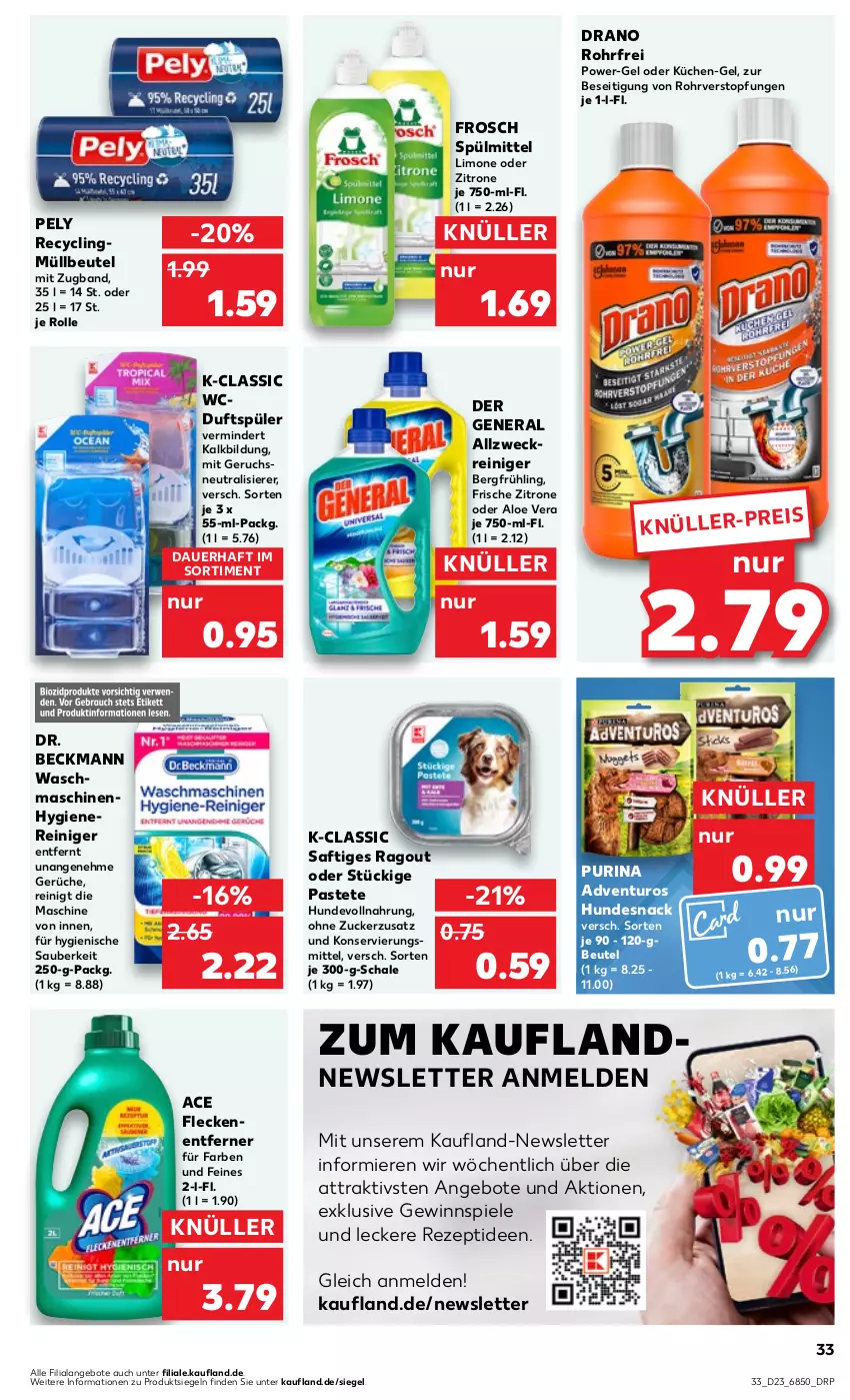 Aktueller Prospekt Kaufland - Prospekt - von 06.06 bis 12.06.2024 - strona 33 - produkty: adventuros, allzweckreiniger, aloe vera, angebot, angebote, auer, beutel, Clin, Dr. Beckmann, eis, Fleckenentferner, Frosch, gewinnspiel, hundesnack, küche, Küchen, limo, müllbeutel, pastete, pely, power-gel, purina, Ragout, reiniger, rezept, saft, Schal, Schale, snack, Spiele, spülmittel, Ti, topf, waschmaschine, waschmaschinen, weck, zitrone, zucker