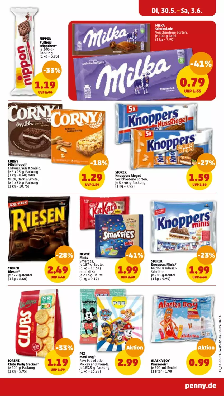 Aktueller Prospekt Penny - Prospekte - von 29.05 bis 03.06.2023 - strona 15 - produkty: beutel, corny, cracker, eis, erdnuss, haselnuss, kitkat, knoppers, lorenz, milch, müsli, Müsliriegel, nippon, nuss, Paw Patrol, reis, riegel, salz, schoko, schokolade, smarties, storck, Ti, wasser, wassereis