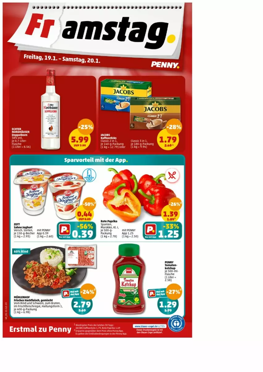 Aktueller Prospekt Penny - Prospekte - von 15.01 bis 20.01.2024 - strona 1 - produkty: auer, Becher, braten, eis, Engel, fleisch, joghur, joghurt, paprika, regal, rind, sahne, sahne joghurt, schwein, wein