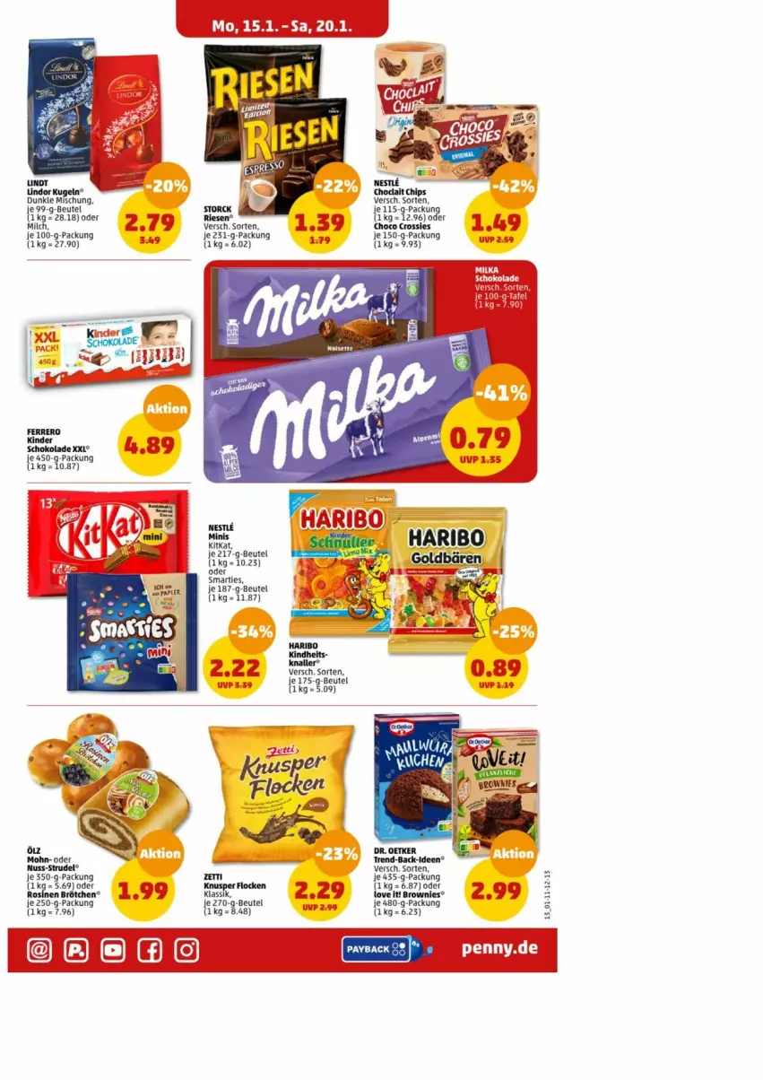 Aktueller Prospekt Penny - Prospekte - von 15.01 bis 20.01.2024 - strona 14 - produkty: beutel, brötchen, brownie, brownies, chips, choco crossies, crossies, Kinder, kinder schokolade, kitkat, lindor, milch, schoko, schokolade, smarties, Ti