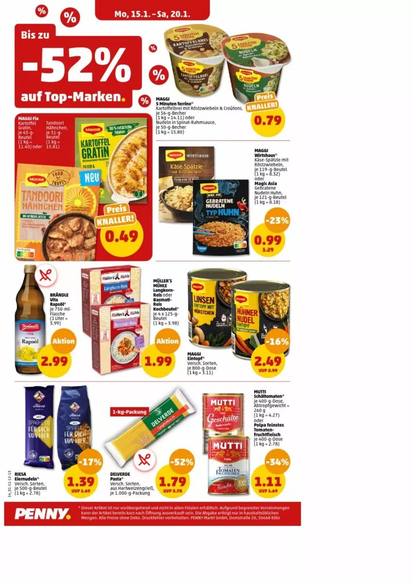 Aktueller Prospekt Penny - Prospekte - von 15.01 bis 20.01.2024 - strona 15 - produkty: aust, beutel, braten, eis, fleisch, frucht, fruchtfleisch, hartweizen, Käse, maggi, Müller, nudel, nudeln, reis, röstzwiebeln, tomate, tomaten, zwiebel, zwiebeln