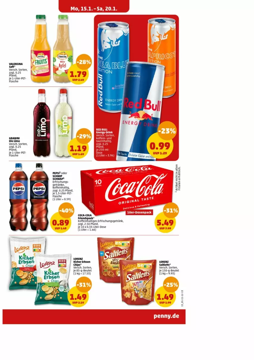 Aktueller Prospekt Penny - Prospekte - von 15.01 bis 20.01.2024 - strona 16 - produkty: beutel, chips, coca-cola, cola, erbsen, erfrischungsgetränk, flasche, getränk, granini, granini die limo, limo, lorenz, pepsi, saft, Ti, valensina