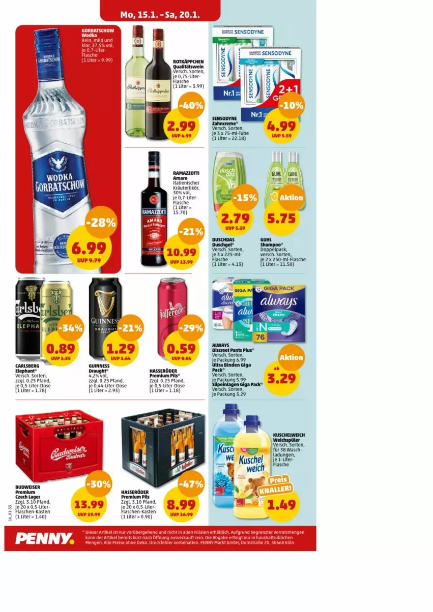 Aktueller Prospekt Penny - Prospekte - von 15.01 bis 20.01.2024 - strona 17 - produkty: amaro, budweiser, creme, eis, flasche, hasseröder, kräuter, kräuterlikör, likör, Pants, pils, premium pils, rama, ramazzott, ramazzotti, rotkäppchen, sensodyne, Ti, weichspüler, zahncreme, zott