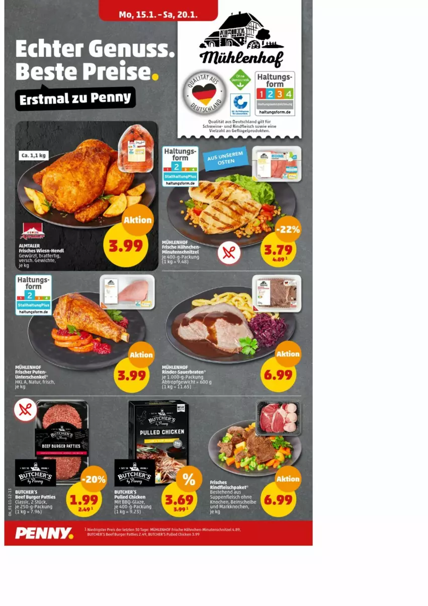 Aktueller Prospekt Penny - Prospekte - von 15.01 bis 20.01.2024 - strona 7 - produkty: auer, beef, braten, burger, eis, fleisch, Geflügel, HP, minutenschnitzel, rind, rinder, rindfleisch, schnitzel, schwein, schweine, tee, Ti, wein, weine