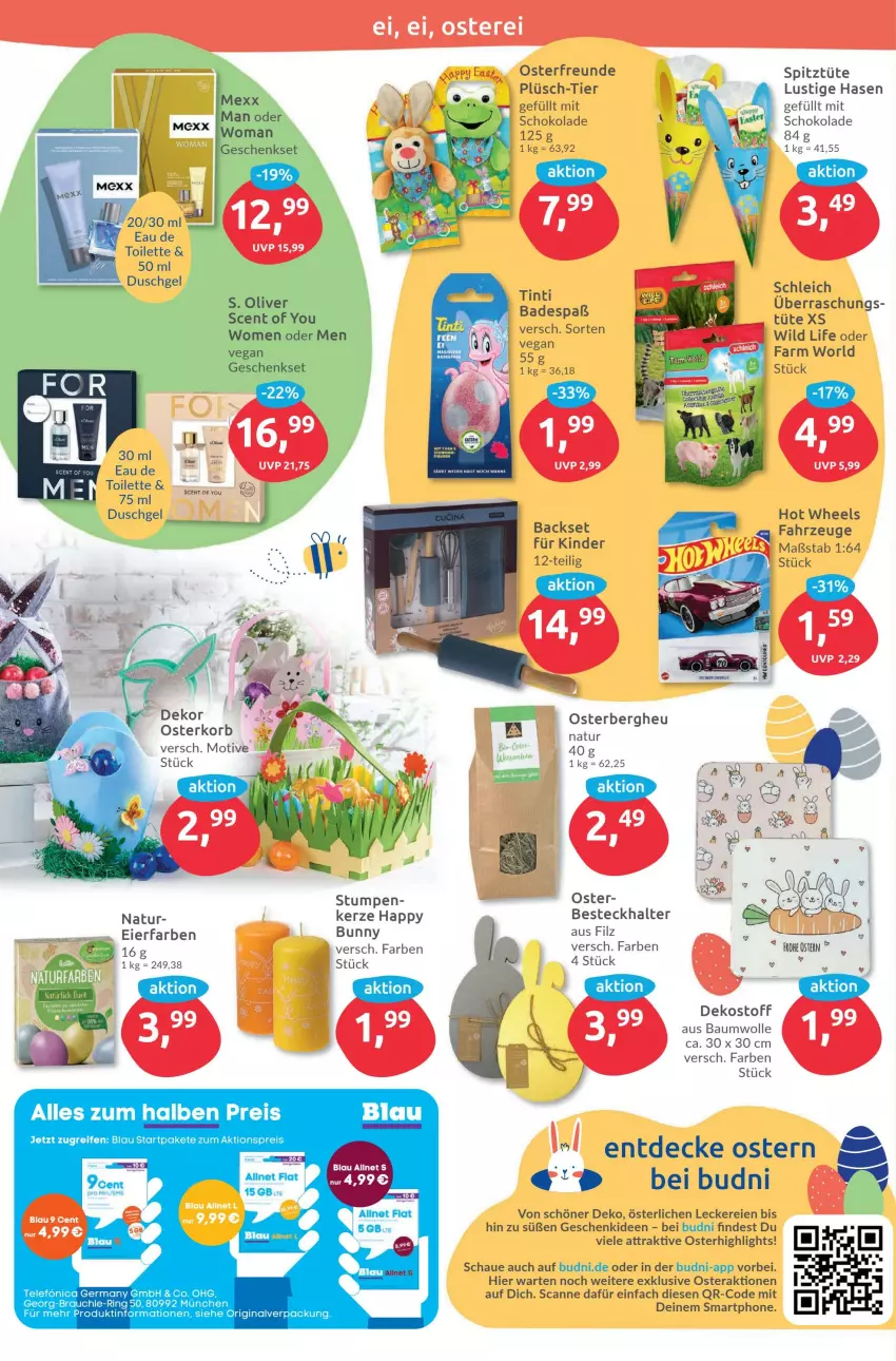 Aktueller Prospekt Budni - Prospekte - von 27.03 bis 01.04.2023 - strona 2 - produkty: aktionspreis, allnet flat, Bad, Bau, baumwolle, besteck, Besteckhalter, decke, Dekostoff, duschgel, eier, eis, Germ, geschenkset, gin, Heu, Hot Wheels, kerze, Kinder, korb, Lusti, Mexx, natur, olive, Plüsch, Rauch, reifen, reis, ring, S. Oliver, Schleich, schoko, schokolade, smartphone, telefon, Ti, Tüte, Wild, wolle, Yo