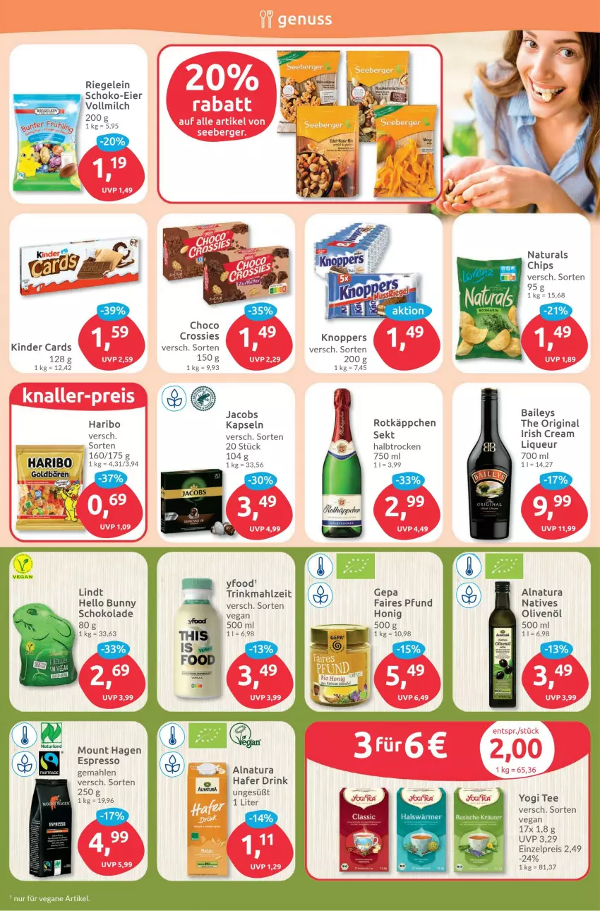 Aktueller Prospekt Budni - Prospekte - von 27.03 bis 01.04.2023 - strona 3 - produkty: baileys, chips, crossies, drink, eier, eis, espresso, gin, hafer, haribo, honig, irish cream, jacobs, Kinder, knoppers, lindt, liqueur, natur, natura, nuss, olive, oliven, olivenöl, reis, riegel, rotkäppchen, schoko, schokolade, sekt, tee, Ti, Yo