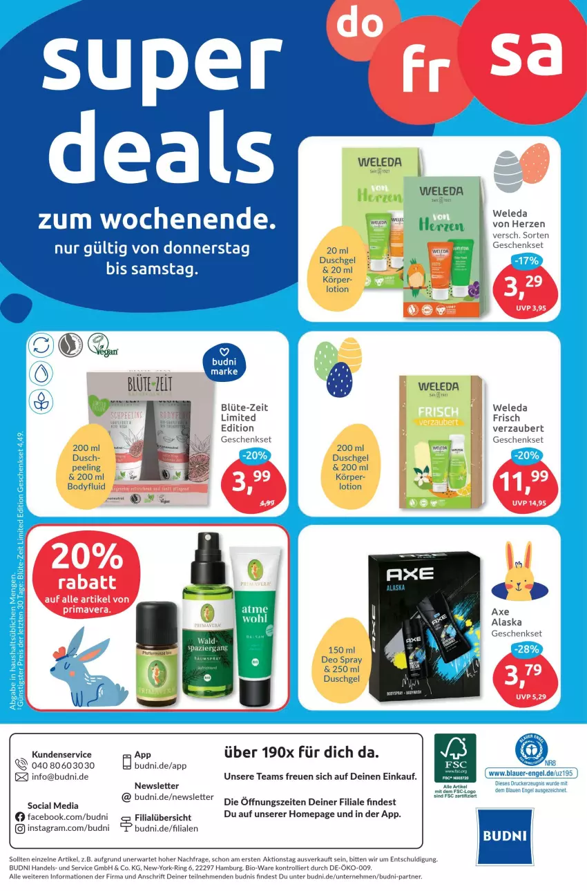 Aktueller Prospekt Budni - Prospekte - von 27.03 bis 01.04.2023 - strona 8 - produkty: auer, axe, bio, Blüte, body, deo, deo spray, drucker, duschgel, Engel, geschenkset, kerze, Lotion, Omep, Peeling, ring, sony, Ti, trolli, weleda, Yo