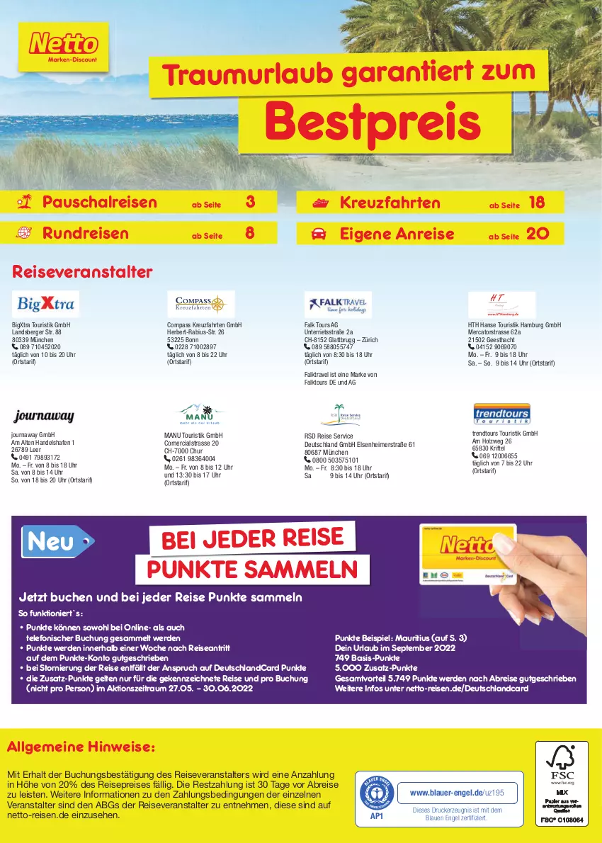 Aktueller Prospekt Netto Marken-Discount - Reise-Angebote Juni - von 01.06 bis 30.06.2022 - strona 2 - produkty: auer, Berger, bestpreis, Brei, buch, deutschlandcard, drucker, eimer, eis, Engel, erde, Holz, kerze, kreuzfahrten, LG, merci, reis, reiseveranstalter, Schal, telefon, Ti, trendtours touristik gmbh, uhr