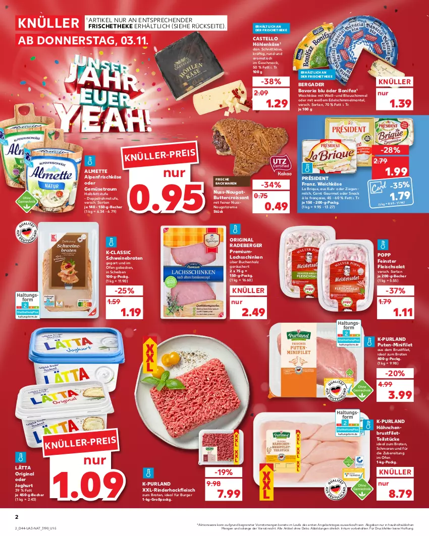 Aktueller Prospekt Kaufland - von 03.11 bis 09.11.2022 - strona 2 - produkty: almette, alpenfrischkäse, angebot, backwaren, bavaria blu, Becher, bergader, Berger, braten, brustfilet, buch, burger, butter, creme, Croissant, doppelrahmstufe, eis, filet, fleisch, fleischsalat, frische backwaren, frischkäse, geback, gin, hackfleisch, hähnchenbrust, hähnchenbrustfilet, höhlenkäse, Holz, ideal zum braten, joghur, joghurt, Käse, lachs, lachsschinken, lätta, mac, Mantel, Mett, milch, Nougatcreme, nuss, Ofen, Popp, purland, pute, radeberger, Ria, rind, rinder, rinderhackfleisch, salat, schinken, schnittkäse, schwein, schweine, schweinebraten, snack, Ti, tisch, weichkäse, wein, weine, ZTE