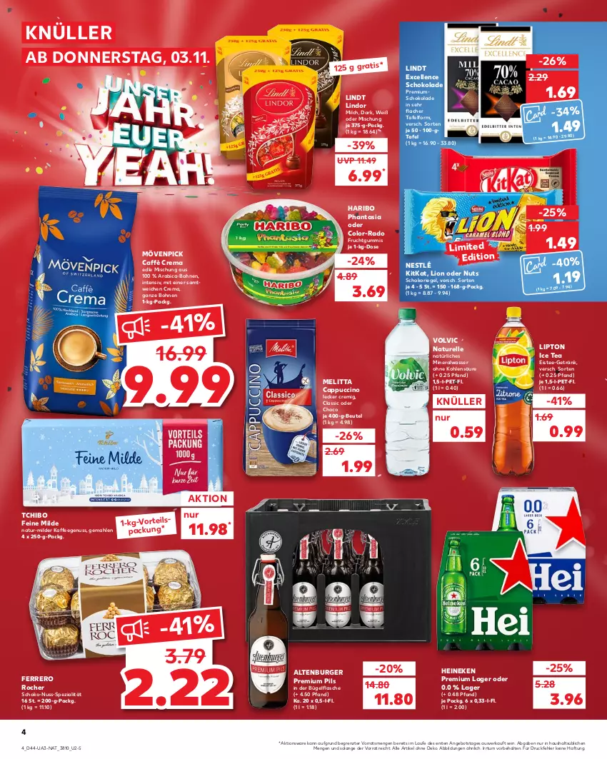 Aktueller Prospekt Kaufland - von 03.11 bis 09.11.2022 - strona 4 - produkty: altenburger, Alwa, angebot, beutel, bohne, bohnen, bügel, bügelflasche, burger, caffè crema, Cap, cappuccino, cin, eis, eistee, elle, ferrero, Ferrero Rocher, flasche, frucht, fruchtgummi, fruchtgummis, getränk, haribo, heineken, ice tea, kaffee, kaffeegenuss, kitkat, lindor, lindt, lion, lipton, lipton ice tea, melitta, milch, mineralwasser, mövenpick, natur, natürliches mineralwasser, nestlé, nuss, pils, premium pils, rel, riegel, schoko, schokolade, schokoriegel, Spezi, Tchibo, tee, Ti, volvic, wasser, ZTE