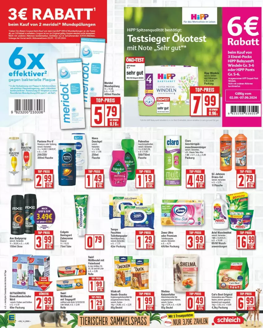 Aktueller Prospekt Edeka - Prospekte - von 02.09 bis 07.09.2024 - strona 14 - produkty: beutel, duschgel, eis, elle, feuchtes toilettenpapier, flasche, handschuhe, hipp, kraft, meridol, müllbeutel, mundspülung, pantene, pantene pro-v, papier, pro-v, reis, schuhe, snack, snacks, spitzenqualität, spülung, swirl, tee, Ti, toilettenpapier, vita, vitakraft, windeln