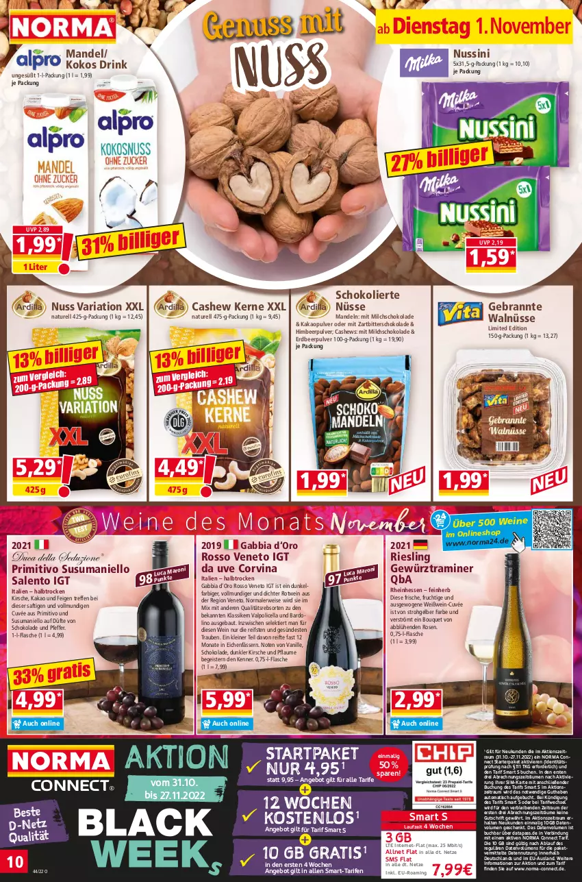 Aktueller Prospekt Norma - Norma - von 31.10 bis 07.11.2022 - strona 10 - produkty: allnet flat, angebot, auto, Bau, buch, Cashew, cuvée, drink, eis, Feigen, flasche, frucht, gewürz, himbeer, kakao, kirsch, kirsche, kokos, leine, mandel, mandeln, milch, natur, nuss, pfeffer, pflaume, primitivo, rel, Ria, riesling, rosen, rotwein, rwe, saft, schoko, schokolade, sim, Tapas, Ti, tisch, trauben, Valpolicella, vanille, wein, weine, Weißwein, weißwein-, Zartbitterschokolade