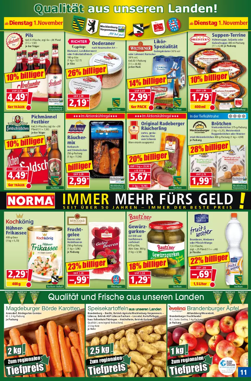 Aktueller Prospekt Norma - Norma - von 31.10 bis 07.11.2022 - strona 11 - produkty: arla, beere, beeren, Berger, bier, Brandenburger äpfel, brombeere, brötchen, burger, cola, eis, elle, filet, flasche, fleisch, frucht, frühstücksfleisch, Garten, gelee, gewürz, Gewürzgurke, gewürzgurken, gin, gulasch, Gulaschsuppe, gurke, gurken, Hausmacher, heidelbeere, heidelbeeren, himbeer, himbeere, hühner, Hühnersuppe, karotten, kartoffel, kartoffeln, korn, kräuter, kühlregal, landleberwurst, leberwurst, likör, mac, mango, Meister, nerf, pfirsich, pils, radeberger, Räucherling, regal, reis, Ricola, ring, roggenbrötchen, Rostocker, Rotbarsch, sac, schwein, senf, speisekartoffeln, Spezi, suppe, suppen, Suppen-Terrine, terrine, Ti, tiefpreis, wein, weizenbrötchen, wurst