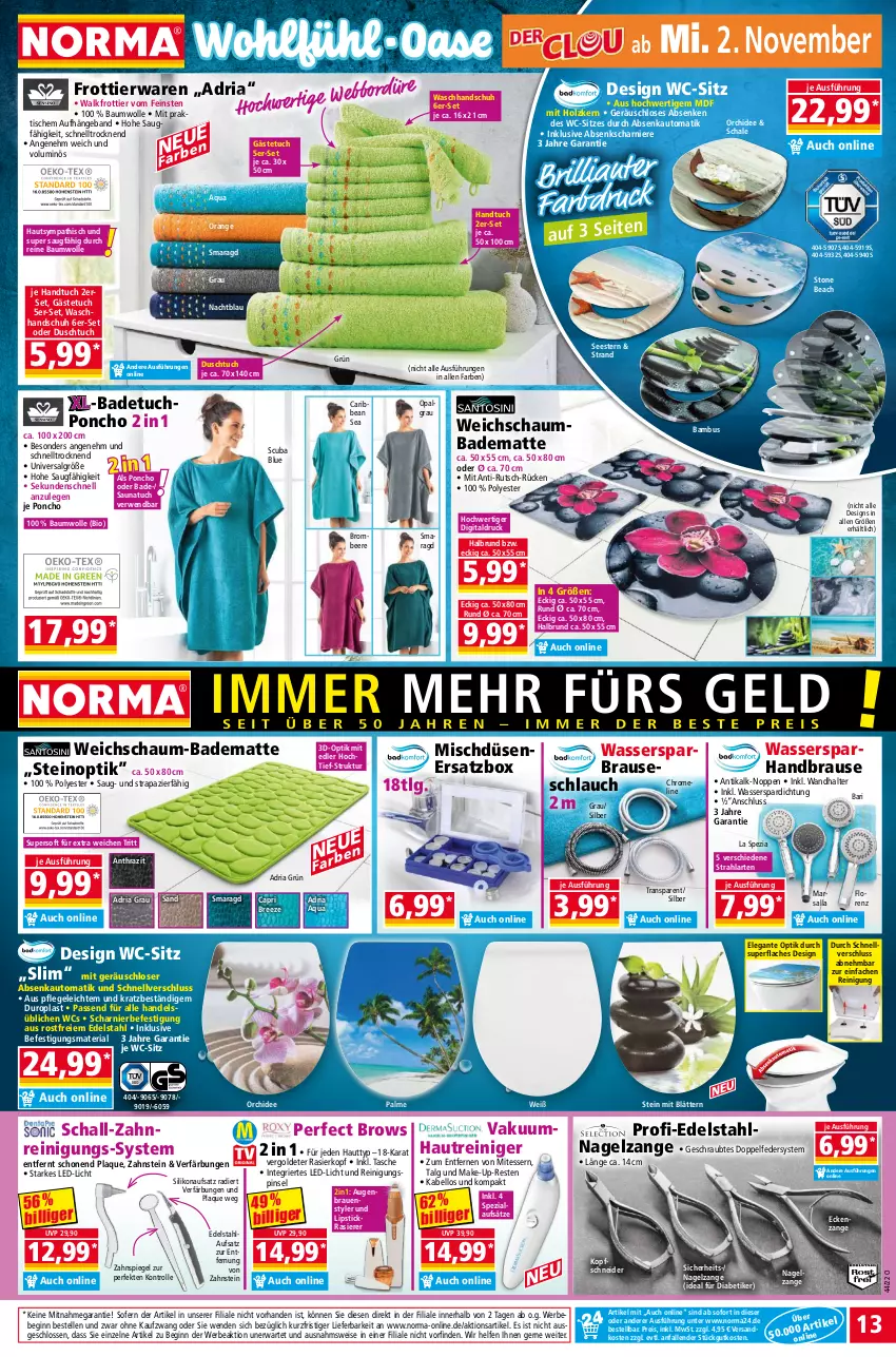 Aktueller Prospekt Norma - Norma - von 31.10 bis 07.11.2022 - strona 13 - produkty: aqua, auto, Bad, badematte, badetuch, bambus, Bau, baumwolle, Bebe, beere, bio, brause, bree, brombeere, Cap, duschtuch, edelstahl, eis, elle, gästetuch, gin, handbrause, handtuch, Holz, HP, led-licht, LG, Lipstick, lorenz, Make-up, mars, Nagelzange, ndk, orange, orchidee, passend für alle, Pinsel, rasierer, reine baumwolle, reiniger, Reinigung, reis, Ria, rwe, Saunatuch, Schal, Schale, schaumbad, schlauch, Spezi, spiegel, Tasche, Ti, tuc, waschhandschuh, wasser, wc-sitz, wolle