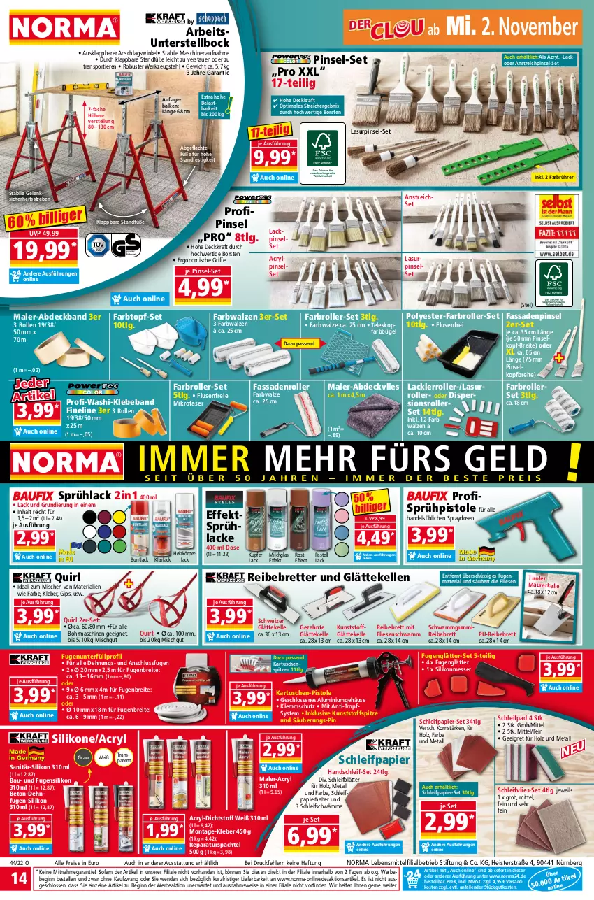 Aktueller Prospekt Norma - Norma - von 31.10 bis 07.11.2022 - strona 14 - produkty: abdeckvlies, arla, Bau, Beba, Brei, bügel, Dispersionsroller, eis, elle, Farbroller, Farbwalzen, Fassadenroller, Fugenglätter, gin, gsw, Holz, HP, kleber, korn, kraft, lack, Lacke, Lackierroller, lebensmittel, LG, messer, mikrofaser, milch, papier, perla, Pinsel, Pinselset, reis, Ria, Roller, Schleifpapier, schwamm, senf, spachtel, Sport, Sprühlack, Sprühpistole, Teleskop, Ti, Tiere, topf, topf-set, usb, werkzeug