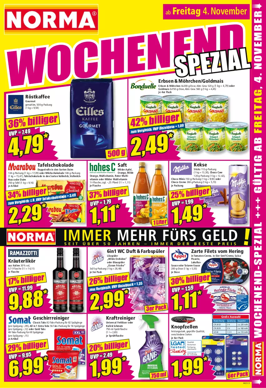 Aktueller Prospekt Norma - Norma - von 31.10 bis 07.11.2022 - strona 15 - produkty: apfel, creme, daim, eier, eis, elle, erbsen, Fettlöser, filet, filets, flasche, geschirr, Goldmais, hering, kaffee, keks, kekse, kraft, kräuter, kräuterlikör, LG, likör, lukull, mais, milch, nuss, orange, orchidee, reiniger, ring, röstkaffee, saft, Salsa, sauce, schoko, schokolade, senf, sprühflasche, tafelschokolade, Ti, tomate, tomaten, vita, vollmilch, Wild