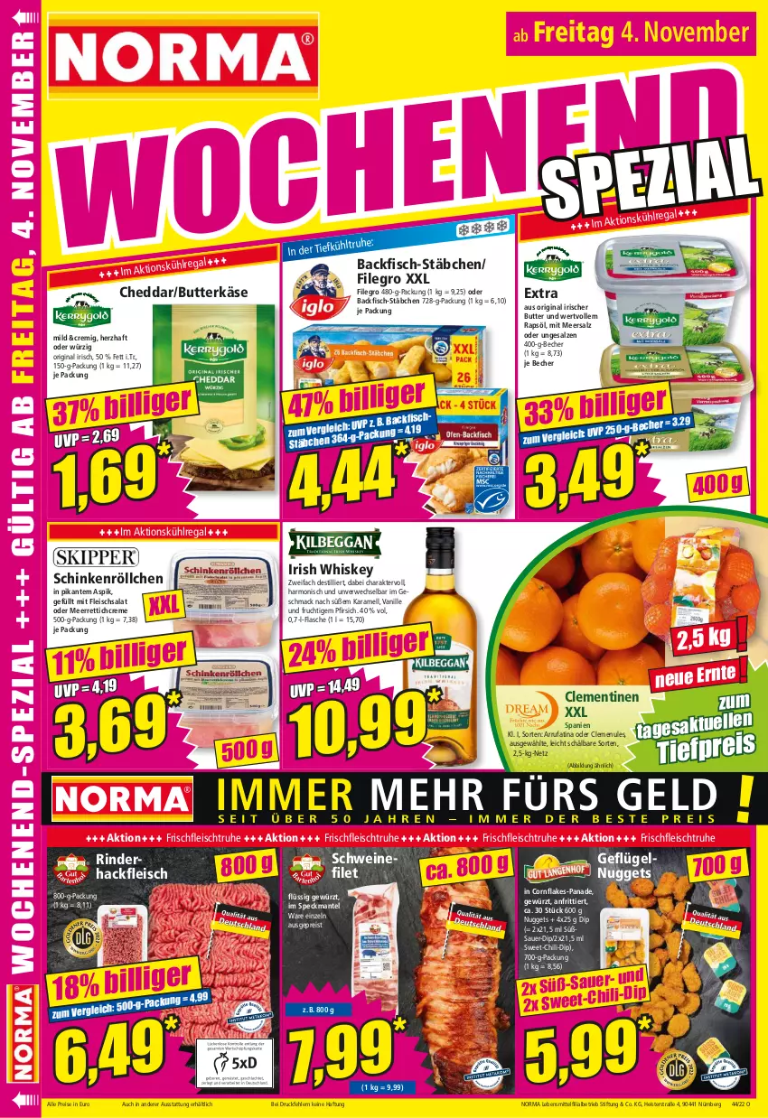 Aktueller Prospekt Norma - Norma - von 31.10 bis 07.11.2022 - strona 16 - produkty: auer, backfisch, Becher, butter, butterkäse, cheddar, chili, clementinen, creme, dip, eis, elle, filegro, filet, fisch, flakes, flasche, fleisch, fleischsalat, frucht, Geflügel, gewürz, gin, hackfleisch, irish whiskey, karamell, Käse, kühlregal, lebensmittel, mac, Mantel, meerrettich, meersalz, nuggets, pfirsich, rapsöl, regal, reis, Rettich, rind, rinder, rinderhackfleisch, rwe, salat, salz, schinken, schwein, schweine, schweinefilet, Speck, Ti, tiefpreis, vanille, wein, weine, whiskey