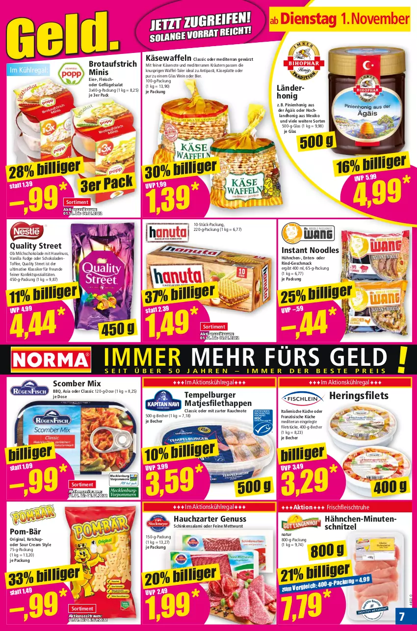 Aktueller Prospekt Norma - Norma - von 31.10 bis 07.11.2022 - strona 7 - produkty: antipasti, asti, aufstrich, Becher, bier, brot, brotaufstrich, burger, eier, eis, ente, filet, filets, fleisch, Geflügel, geflügelsalat, gewürz, gin, haselnuss, hering, Herings, heringsfilets, hochland, honig, Käse, ketchup, kräuter, kräutern, küche, kühlregal, latte, mac, matjes, Matjesfilet, Mett, mettwurst, milch, minutenschnitzel, natur, nuss, pom-bär, Rauch, regal, rind, ring, salami, salat, schinken, schnitzel, schoko, schokolade, schokoladen, sour cream, Spezi, Ti, waffeln, wein, wurst