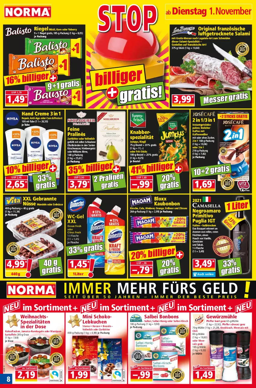 Aktueller Prospekt Norma - Norma - von 31.10 bis 07.11.2022 - strona 8 - produkty: amaro, beutel, bonbons, brezel, Brezeln, chili, citrus, cola, creme, eis, erdnüsse, flasche, Frit-Sticks, früchte, früchten, getränk, getränke, getränkepulver, gewürz, Gewürzmühle, gin, himbeer, honig, kaffee, kartoffel, kartoffeln, kirsch, kirsche, knoblauch, kokos, korn, kuchen, Kugel, Lebkuchen, löslicher kaffee, Luftgetrocknete Salami, mandel, mandeln, marzipan, meersalz, messer, milch, müsli, obst, orange, pfeffer, pralinen, primitivo, reifen, riegel, ring, rum, salami, salz, Schladerer, schoko, Spezi, Ti, vanille, vollmilch, wasser, wc-gel, Williams Birne, Yo, zitrone, zucker