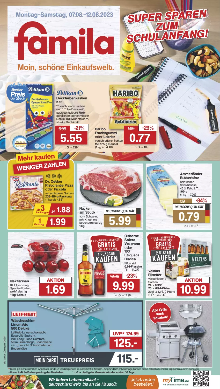 Aktueller Prospekt Famila - Prospekte - von 07.08 bis 12.08.2023 - strona 1 - produkty: ammerländer, angebot, angebote, aust, auto, beutel, butter, butterkäse, cola, decke, Deckel, Dr. Oetker, eis, elle, Etiqueta Blanca, flasche, fleisch, frucht, fruchtgummi, grill, halbfester schnittkäse, haribo, Käse, kraft, Lakritz, lebensmittel, leifheit, leine, Leuchte, leuchten, merl, Nektar, nektarinen, oder lakritz, osborne, pils, pilsener, pizza, reis, ristorante, ristorante pizza, saft, Schal, Schale, schnittkäse, schutzhülle, schwein, teller, Ti, veltins, veltins pilsener, veterano, wäscheschirm, wein, ZTE