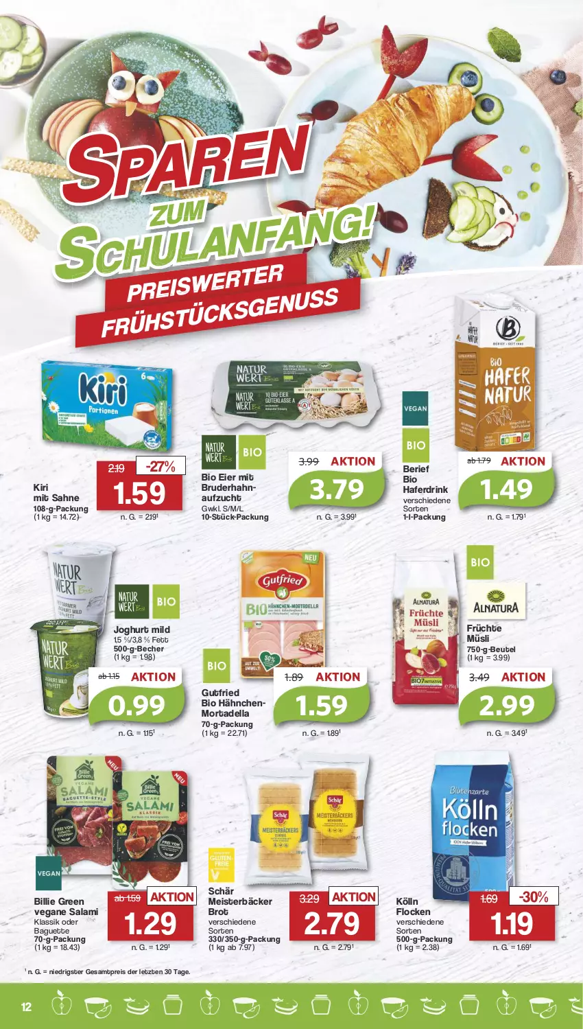 Aktueller Prospekt Famila - Prospekte - von 07.08 bis 12.08.2023 - strona 12 - produkty: baguette, Becher, beutel, bio, brot, dell, drink, eier, eis, früchte, Früchte Müsli, gutfried, hafer, Haferdrink, joghur, joghurt, joghurt mild, kiri, kölln, Meister, mortadella, müsli, reis, sahne, salami, Ti, ZTE