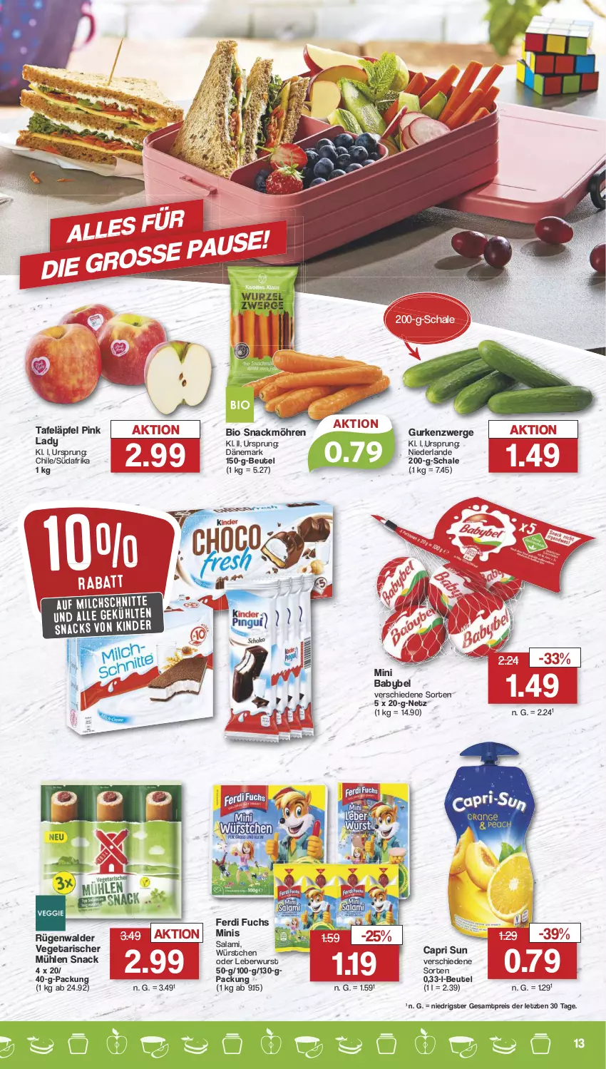 Aktueller Prospekt Famila - Prospekte - von 07.08 bis 12.08.2023 - strona 13 - produkty: babybel, beutel, bio, Cap, eis, ferdi fuchs, gurke, gurken, Kinder, leberwurst, milch, Milchschnitte, mini babybel, möhren, Pink Lady, reis, rügenwalder, salami, Schal, Schale, snack, snacks, tafeläpfel, Ti, Vegeta, wurst, würstchen, ZTE