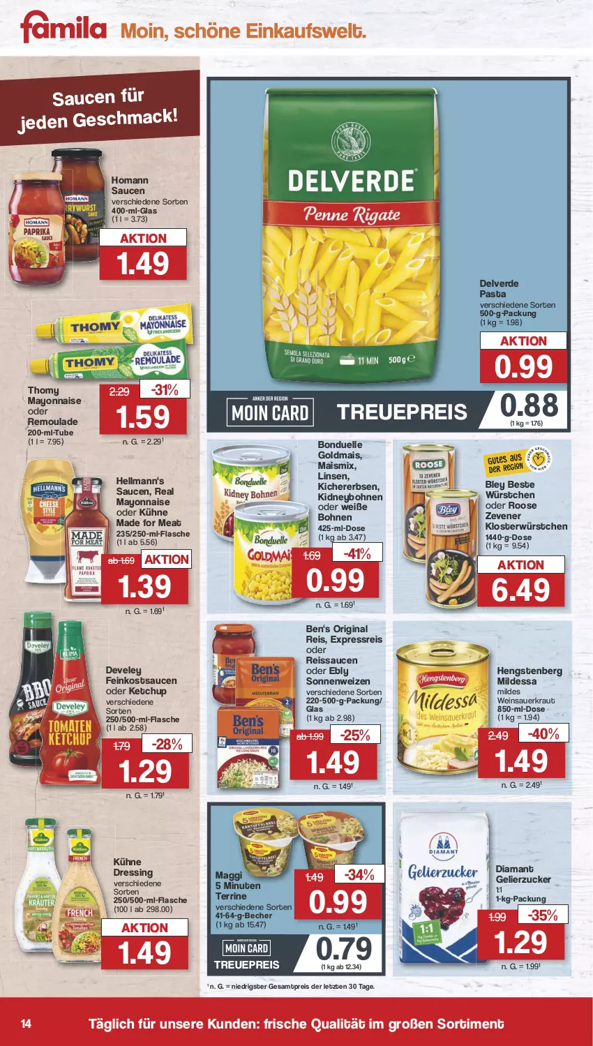 Aktueller Prospekt Famila - Prospekte - von 07.08 bis 12.08.2023 - strona 14 - produkty: auer, Becher, bley, bohne, bohnen, bonduelle, bonduelle goldmais, develey, dressing, eis, elle, erbsen, erde, feinkost, flasche, gelierzucker, gin, Goldmais, hengstenberg, homann, ketchup, kichererbsen, kidney, Kraut, Kühne, linsen, mac, maggi, mais, mayonnaise, pasta, reis, reiss, remoulade, sauce, saucen, Sauerkraut, terrine, thomy, Ti, wein, Weinsauerkraut, Weiße Bohnen, würstchen, Yo, ZTE, zucker