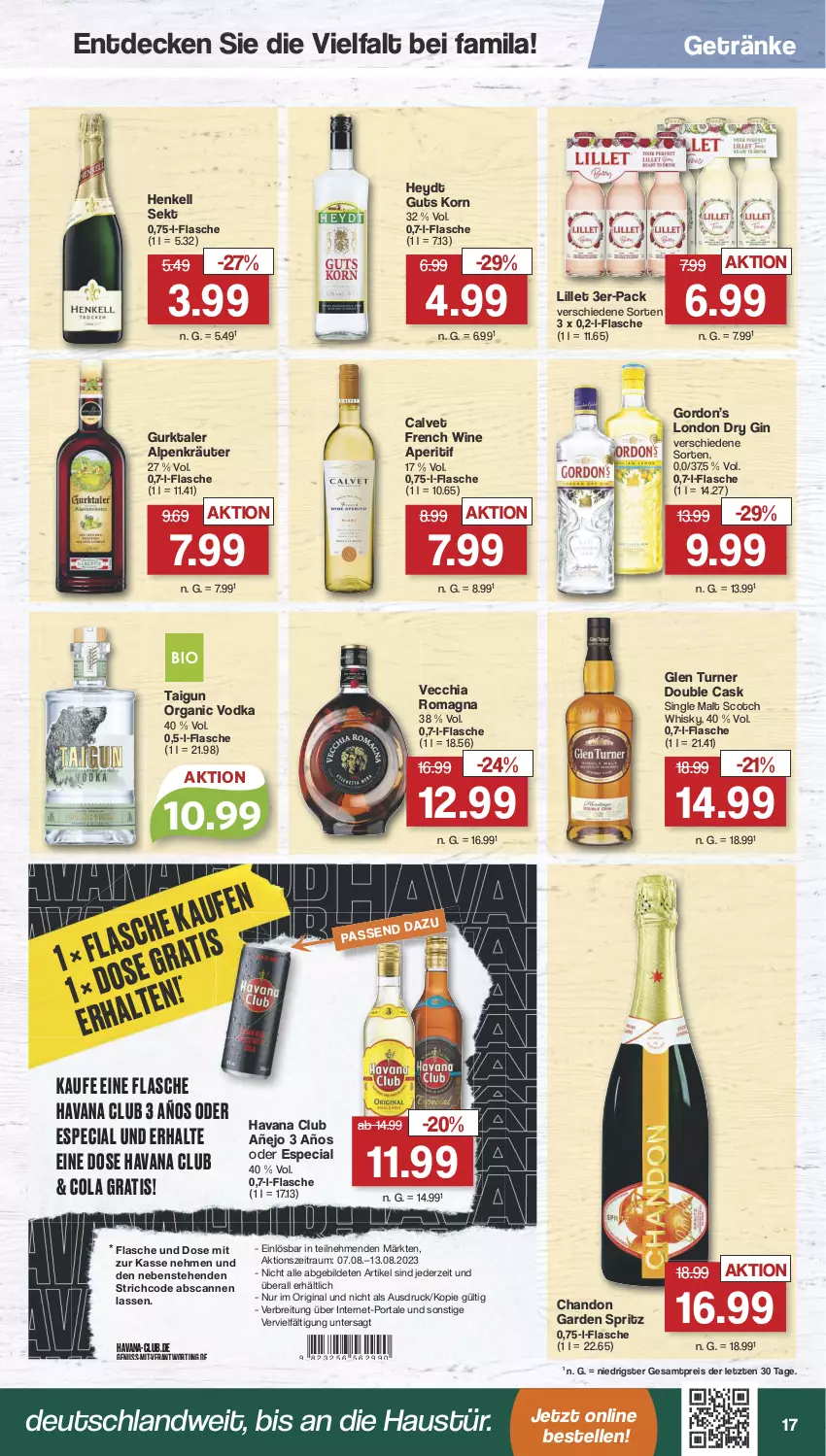 Aktueller Prospekt Famila - Prospekte - von 07.08 bis 12.08.2023 - strona 17 - produkty: aperitif, aust, Brei, chia, cola, decke, dry gin, eis, elle, flasche, getränk, getränke, gin, gordon, Gordon’s, Gurktaler, Havana Club, henkel, henkell, henkell sekt, korn, kräuter, lillet, london dry, london dry gin, nuss, reis, scotch, scotch whisky, sekt, single malt, Ti, Vecchia Romagna, vodka, whisky, ZTE