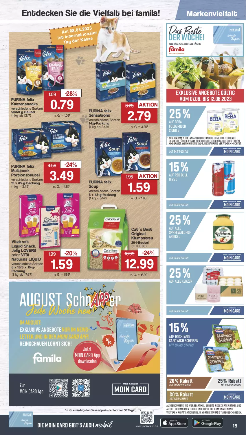 Aktueller Prospekt Famila - Prospekte - von 07.08 bis 12.08.2023 - strona 19 - produkty: angebot, angebote, Beba, beutel, decke, eis, felix, folgemilch, gin, hochland, katzensnack, katzensnacks, kerze, Kinder, klumpstreu, kraft, LG, milch, natur, natura, portionsbeutel, purina, red bull, reis, rwe, sandwich, sensations, snack, snacks, spreewaldhof, Tchibo, Ti, vita, vitakraft, ZTE