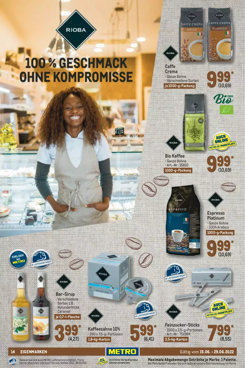 Aktueller Prospekt Metro - GastroJournal - von 15.06 bis 29.06.2022 - strona 14 - produkty: bio, Blüte, bohne, caffe, caramel, eis, espresso, flasche, getränk, getränke, holunder, holunderblüte, kaffee, lieferservice, Metro, Palette, reis, sahne, sirup, Ti, zucker