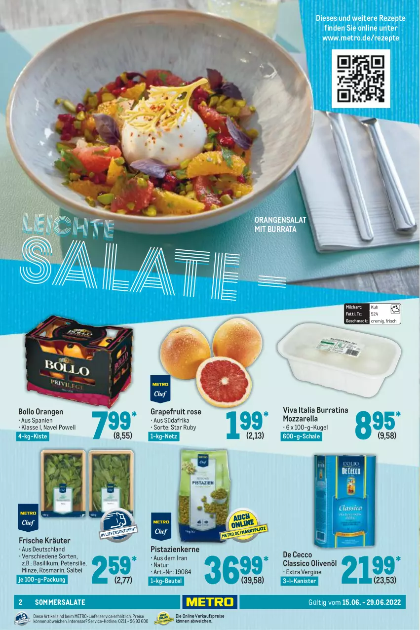 Aktueller Prospekt Metro - GastroJournal - von 15.06 bis 29.06.2022 - strona 2 - produkty: basilikum, beutel, Burrata, classico, De Cecco, ecco, eis, gin, grapefruit, kräuter, Kugel, lieferservice, mac, Metro, milch, minze, mozzarella, natur, olive, oliven, olivenöl, orange, orangen, petersilie, pistazien, reis, rel, rezept, rezepte, rosmarin, salat, salate, Schal, Schale, Ti