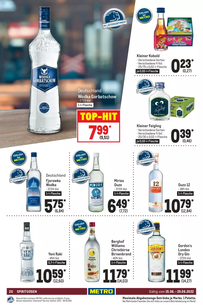 Aktueller Prospekt Metro - GastroJournal - von 15.06 bis 29.06.2022 - strona 20 - produkty: Birnen, dry gin, eis, flasche, getränk, getränke, gin, Gorbatschow, gordon, kleiner feigling, leine, lieferservice, london dry, london dry gin, Metro, ouzo, ouzo 12, Palette, reis, spirituosen, Ti, top-hit, wodka, yeni raki